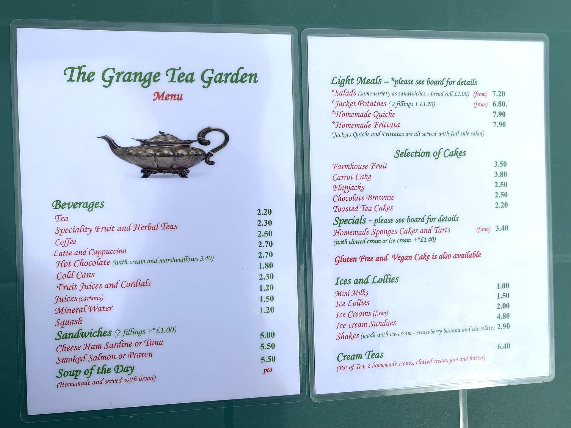 The Grange Tea Garden menu